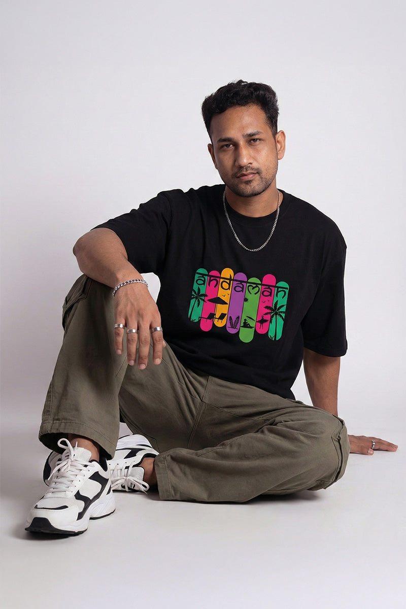 Andaman Tropical Text Oversized T-Shirt in Black