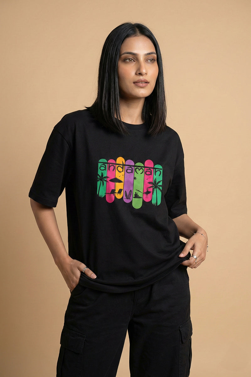 Andaman Tropical Text Oversized T-Shirt in Black