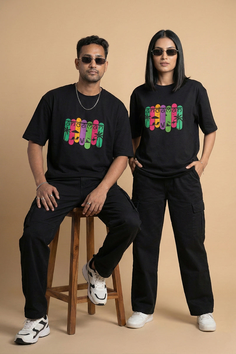 Andaman Tropical Text Oversized T-Shirt in Black