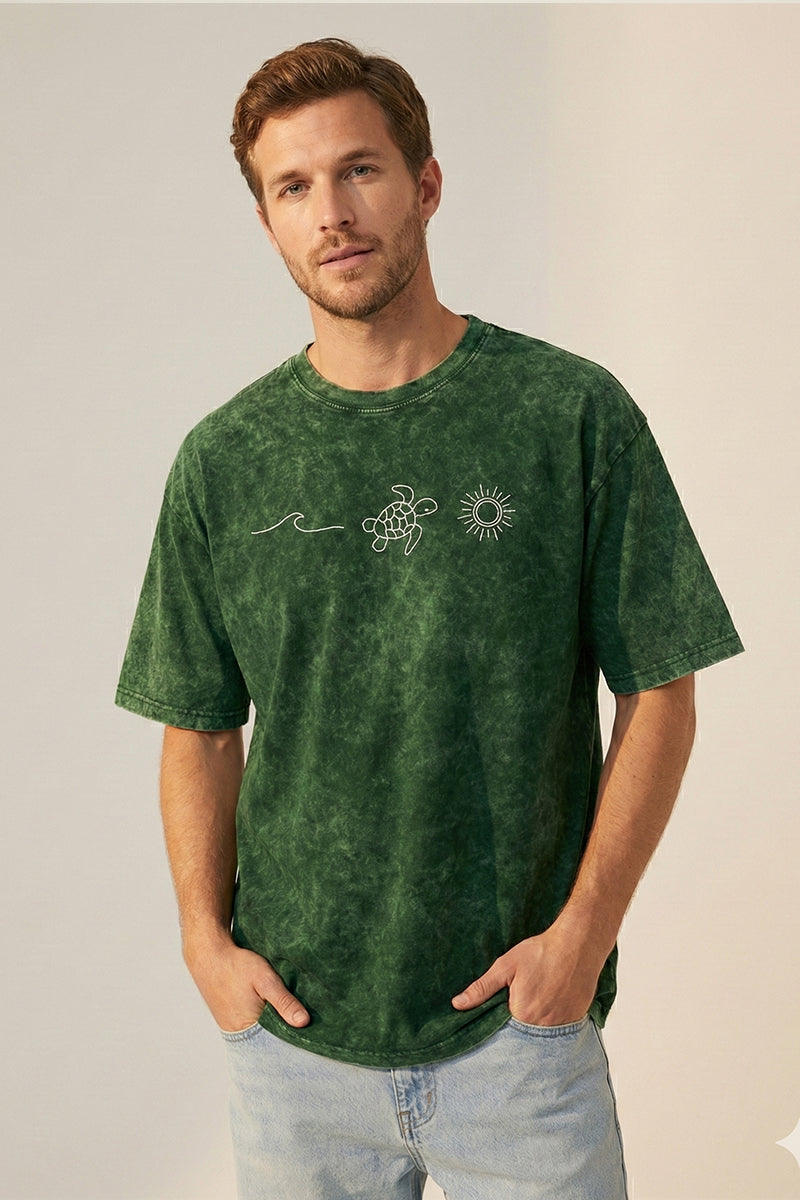 "Andaman The Beaches" Sea Turtle Acid Wash Green Oversized T-Shirt