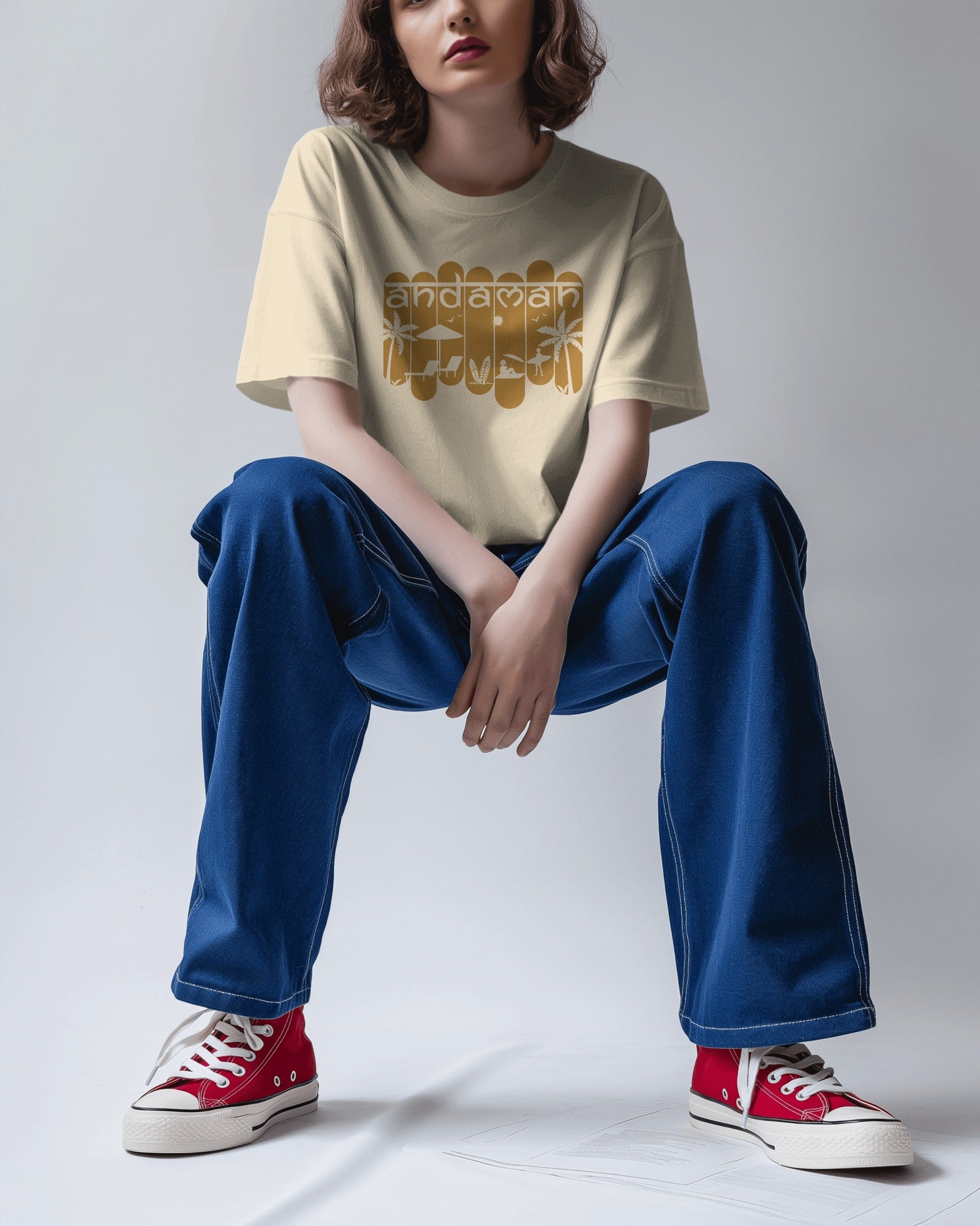 Andaman Palm Silhouette Biege Oversized T-Shirt