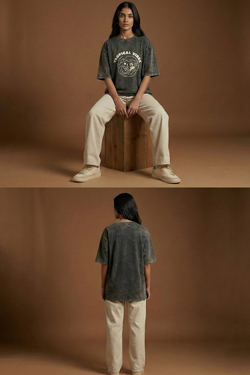 Tropical Vibes Oversized T-Shirt – Washed Black Edition