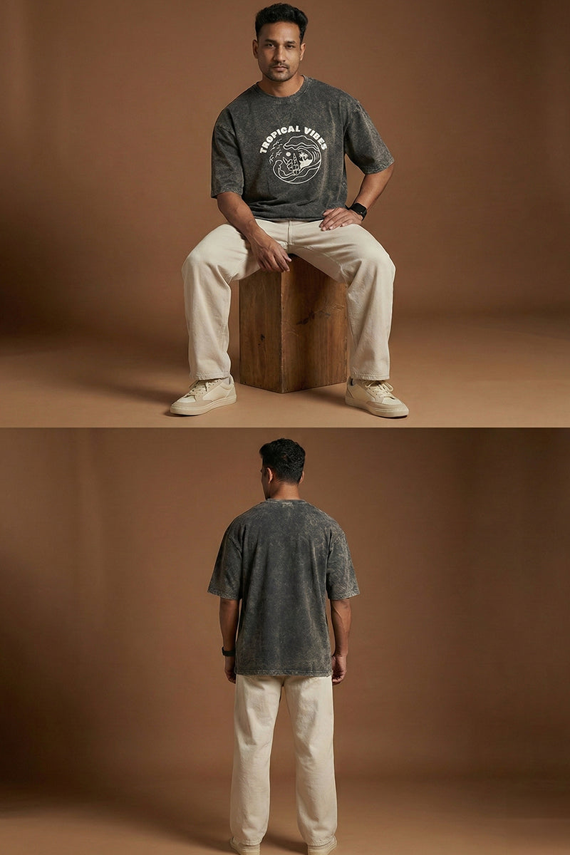 Tropical Vibes Oversized T-Shirt – Washed Black Edition
