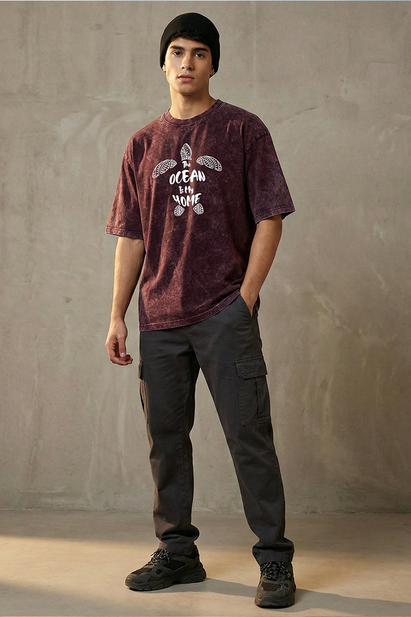"The Ocean Is My Home" Sea Turtle Vintage Maroon Acid Wash Oversized T-Shirt