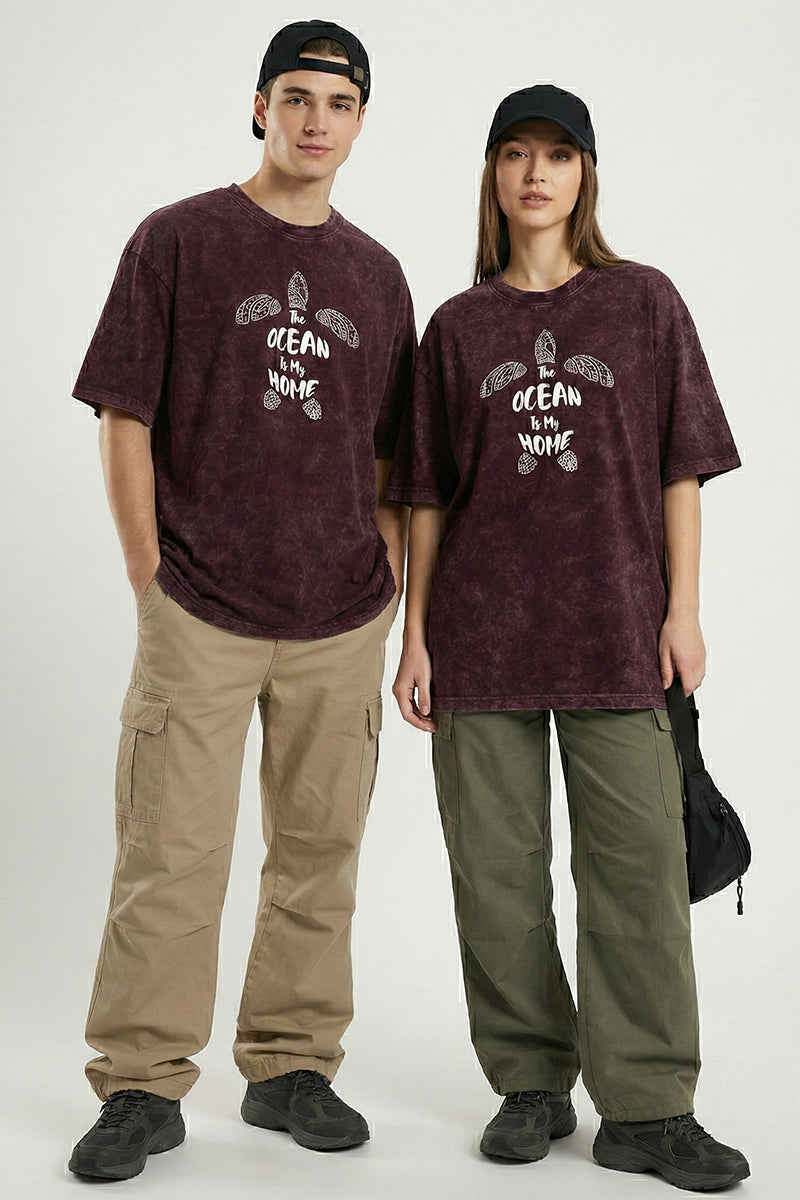 "The Ocean Is My Home" Sea Turtle Vintage Maroon Acid Wash Oversized T-Shirt