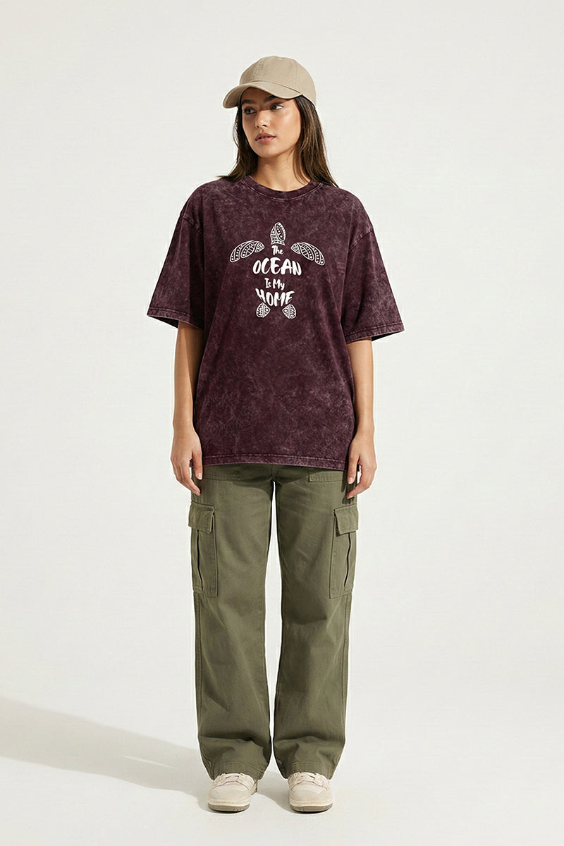 "The Ocean Is My Home" Sea Turtle Vintage Maroon Acid Wash Oversized T-Shirt