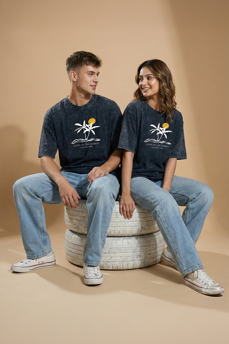 "Living in the Moment" Vintage Navy Acid Wash Oversized T-Shirt